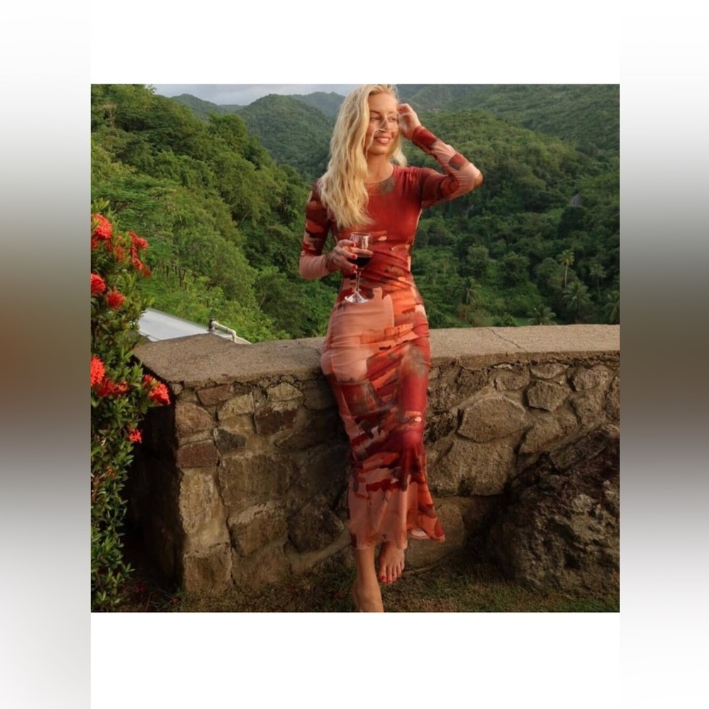 12th Tribe Casanova Printed Mesh Maxi Dress Red